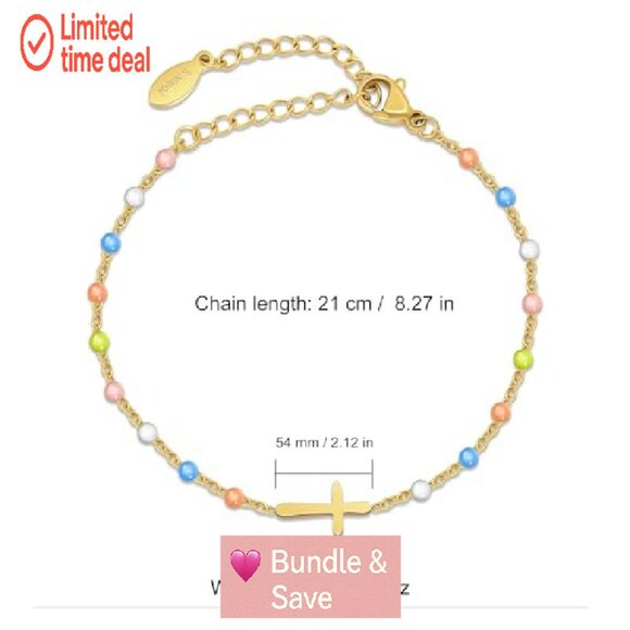 14K Gold Plated Cross Beaded Bracelet Adjustable Stainless Steel Link Chain - Picture 5 of 7